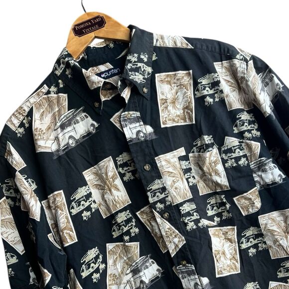 VTG Puritan Men LARGE Surfer Van Tropical Black Hawaiian Short Sleeve Button Up - Picture 1 of 8